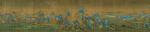 Detail from "A Thousand Li of River and Mountains" (千里江山) hand scroll in ink and color on silk. 11.91 meters x 55.8 cm. (3d part) Located in Palace Museum, Beijing. Date 1096 - 1119 Wang Ximeng (王希孟)