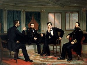 The Peacemakers Sherman, Grant, Lincoln and Porter, discussing plans for the last weeks of the Civil War, March 1865 Oil on canvas - c. 1868 by George Peter Alexander Healy (1818-1894) White House Historical Association