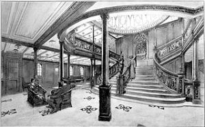 Grand Staircase of the RMS Titanic 1912 From "White Line Triple Screw Steamers" booklet, White Star Line Wikipedia.org