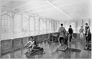 Gymnasium of the RMS Titanic 1912 From "White Line Triple Screw Steamers" booklet White Star Line Wikipedia.org
