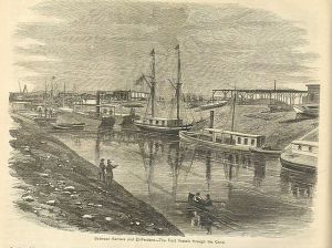 Suez Canal, between Kantara and El-Fedane. The first vessels through the Canal. 19th century image. From "Appleton's Journal of Popular Literature, Science, and Art", 1869.