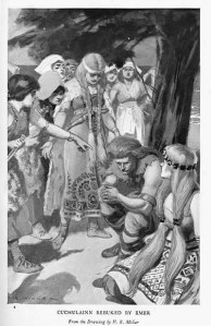 Emer rebuking Cuchulainn 1905 illustration by H.R. Millar Wikimedia commons