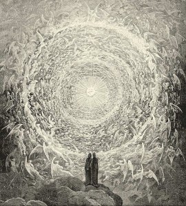 Dante and Beatrice gaze upon the highest Heaven - Gustave Doré (1832 - 1883) From Alighieri Dante; Cary, Henry Francis (ed) (1892) "Canto XXXI" The Divine Comedy by Dante, Illustrated, Complete.  London, Paris and Melbourne; Cassell and Co., (Wikimedia Commons) 