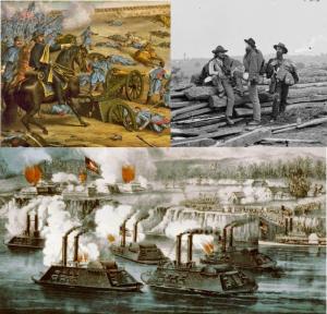 Scenes from the American Civil War. Top left: Battle of Stones River; top right: Confederate prisoners of war; bottom: Battle of Fort Hindman. Hal Jespersen at en.wikipedia