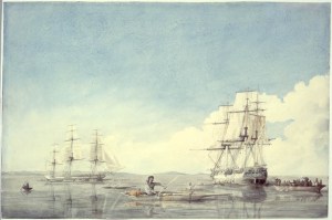 The Hudson's Bay Company ships Prince of Wales and Eddystone bartering with  Inuit off the Upper Savage Islands, Hudson Strait;  Robert Hood (1819)
