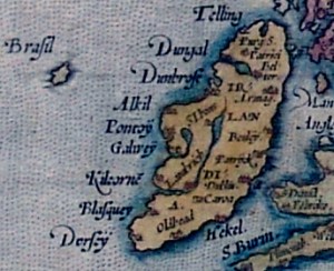 Ireland as depicted on the 1572 map of Europe by Abraham Ortelius. Interesting are the prominent featuring of St. Patrick's Purgatory and the curious island of Brasil. Wikimedia Commons