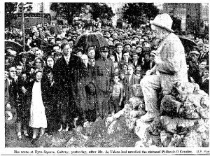 Photo: Mr deValera unveiling statue of Padraic O'Conaire Photo: Irish Press 10th June, 1935