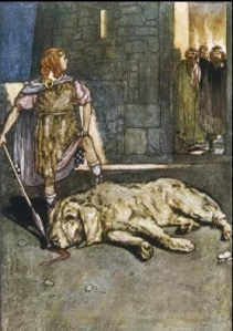 "Cuchulainn Slays the Hound of Culain." by Stephen Reid According to legend the young man used his hurley and sliotar to defend himself against the huge beast. Illustration from "The Boys'Cuchulain" by Eleanor Hull (1904) 