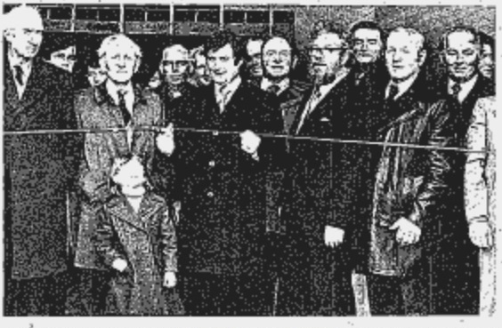 Mr. Robert Molloy, Minister for Defence, cuts the tape to mark the opening of Kinvara Boat Factory in Kinvara.  Also in the picture are Mr. Joe Muldoon, Chairman, Kinvara Co-op., Toddie Byrne, Manager of the Co-op. and Mr. Bill Crampton, Manager, Kinvara Boats. Connacht Tribune 23rd March, 1979 p.31